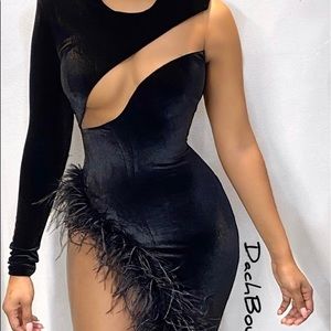 Black feather slit dress